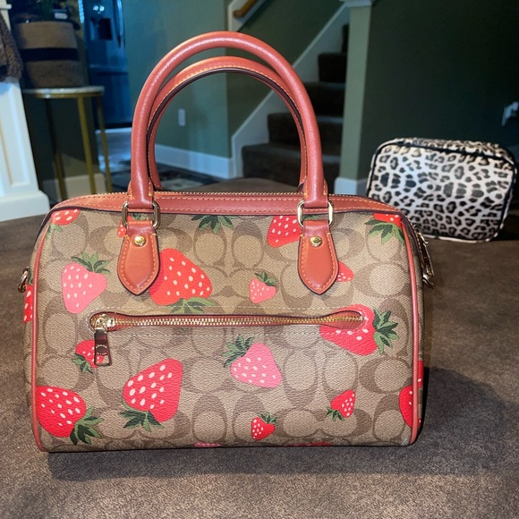 Coach Brown Signature Canvas Satchel with Red Strawberry Print and Red Trim Set - Picture 3 of 5